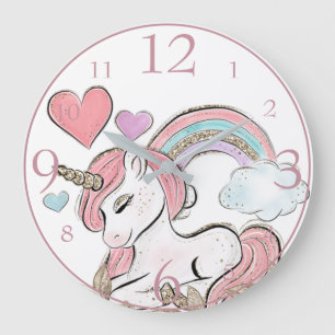 Reloj Redondo Grande Lindo Unicornio de Purpurina y Arcoíris con Corazo