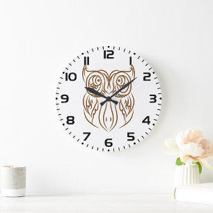 Reloj Redondo Grande Línea de arte de búho tribal moderno marrón abstra