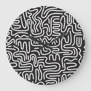 Reloj Redondo Grande Líneas onduladas de Doodle retro: Monocromo