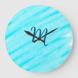 Reloj Redondo Grande líneas simples de acuarela azul con tu monograma