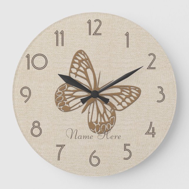 Reloj Redondo Grande Lino de mariposa dorada de bonito Añadir nombre re (Anverso)