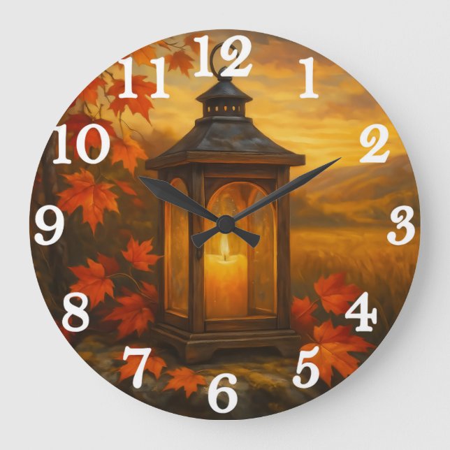 Reloj Redondo Grande Linterna de otoño con hojas de arce que brillan (Anverso)