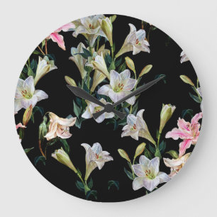 Reloj Redondo Grande Lirios florales: pintura de fondo negro