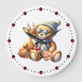 Reloj Redondo Grande Little bear with fawn in arms winter Christmas