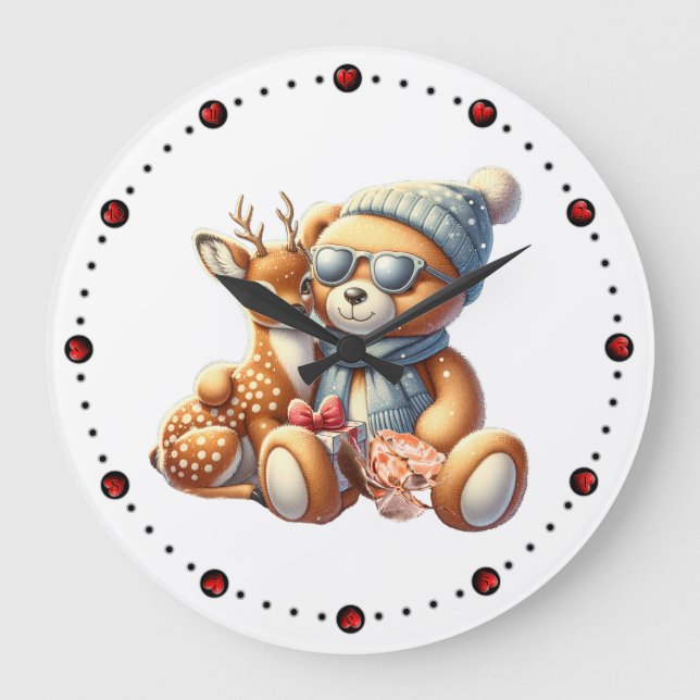 Reloj Redondo Grande Little bear with fawn in arms winter Christmas (Anverso)