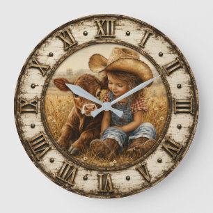 Reloj Redondo Grande Little Cowgirl and Baby Calf Rustic Farmhouse