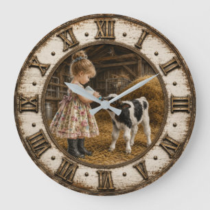 Reloj Redondo Grande Little Farm Girl Feeding Baby Calf Farmhouse
