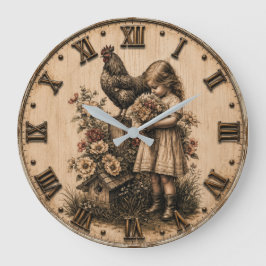 Reloj Redondo Grande Little Farm Girl & Rooster Rustic Farmhouse