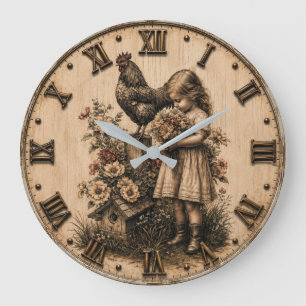 Reloj Redondo Grande Little Farm Girl & Rooster Rustic Farmhouse