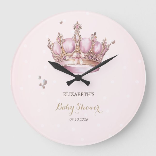 Reloj Redondo Grande Little Princess Crown Pearls Dots Baby Shower (Anverso)