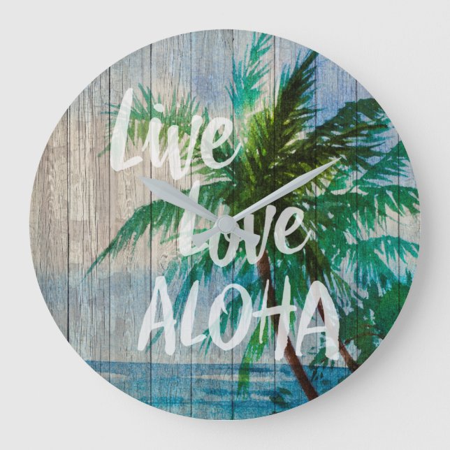 Reloj Redondo Grande Live Love Aloha Palm Tree Beach Rótulo (Anverso)