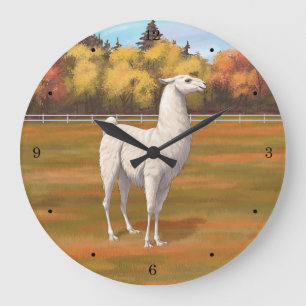Reloj Redondo Grande Llama blanca en la pastura de otoño