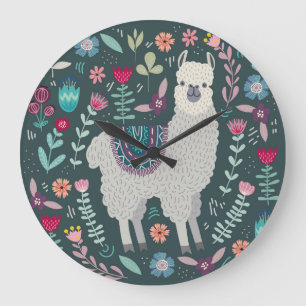 Reloj Redondo Grande Llama floral: Doodles pintados a mano