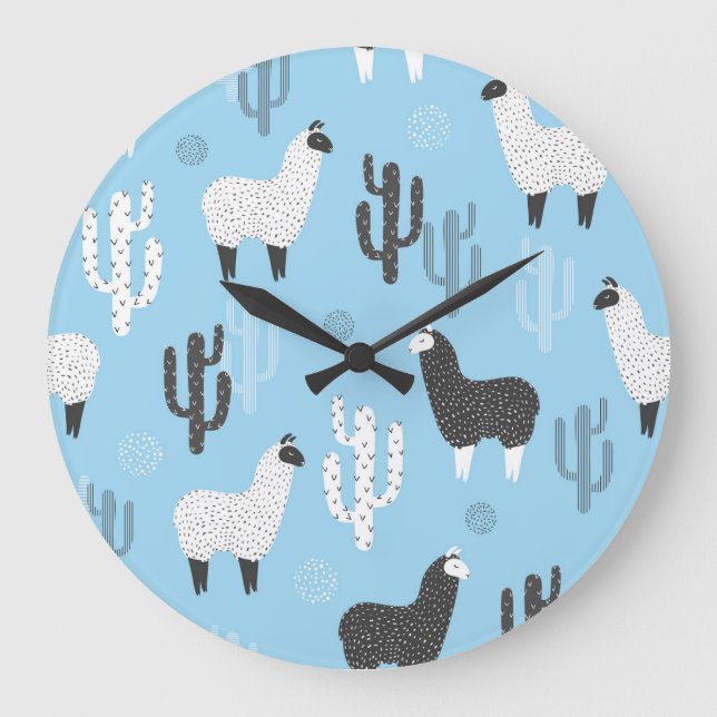 Reloj Redondo Grande Llama y cactus, lindo patrón. (Anverso)