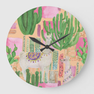 Reloj Redondo Grande Llamas acuarelas, cactus: patrón sin costura.