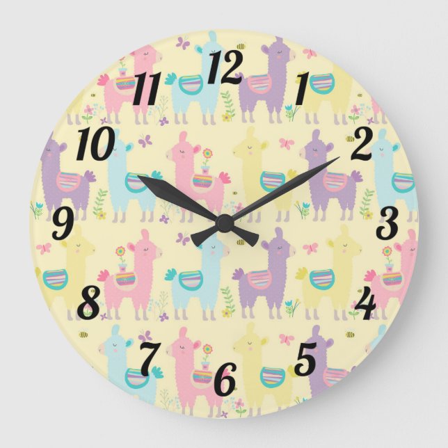 Reloj Redondo Grande Llamas cutáneas azul púrpura amarillo rosado (Anverso)