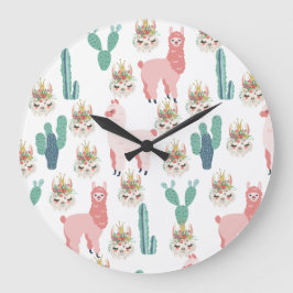 Reloj Redondo Grande Llamas rosadas y cactus verdes