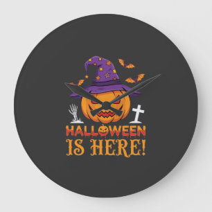 Reloj Redondo Grande Llega Halloween Bruja Calabaza Vector