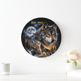 Reloj Redondo Grande Lobo Aullando a la Luna Bosque Fauna Naturaleza