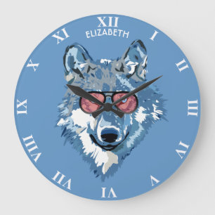 Reloj Redondo Grande Lobo azul psicodélico con las gafas de sol rosada