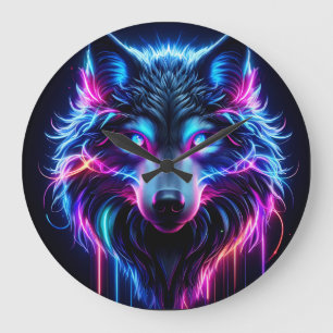 Reloj Redondo Grande Lobo de neón ojos brillantes animal futurista cibe