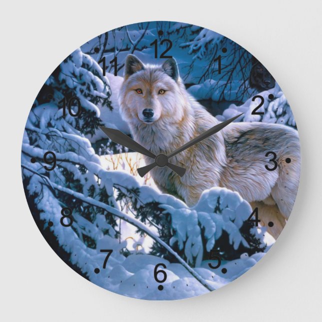 Reloj Redondo Grande Lobo en la pintura del bosque de invierno (Anverso)