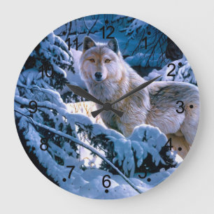 Reloj Redondo Grande Lobo en la pintura del bosque invernal