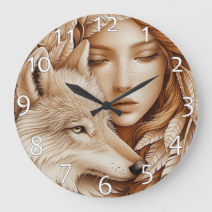 Reloj Redondo Grande Lobo y mujer en plumas