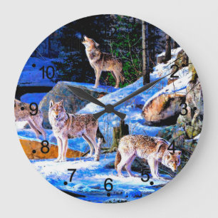 Reloj Redondo Grande Lobos en pintura de nieve