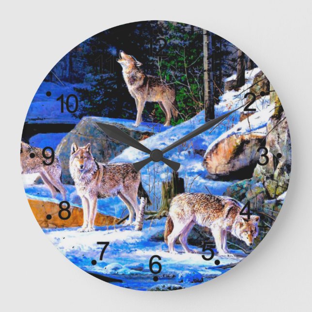 Reloj Redondo Grande Lobos en pintura de nieve (Anverso)