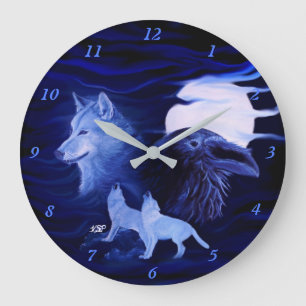 Reloj Redondo Grande Lobos y Raven con luna llena