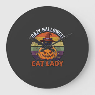 Reloj Redondo Grande Loca Señora Gato de Halloween Sombrero de Bruja de