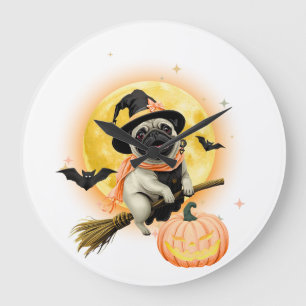 Reloj Redondo Grande Loco Pug Feliz de Halloween montando una sala vola