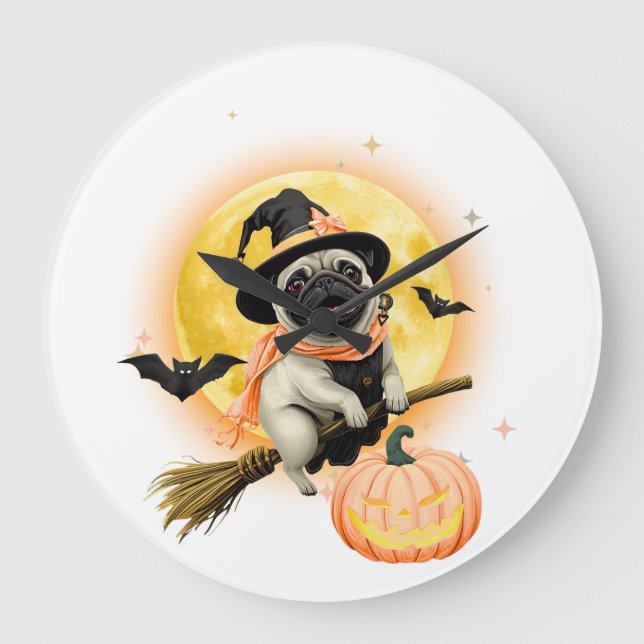 Reloj Redondo Grande Loco Pug Feliz de Halloween montando una sala vola (Anverso)