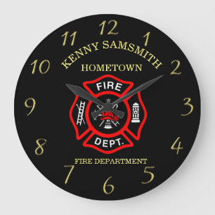 Reloj Redondo Grande Logo del Departamento de Incendios Negro y Rojo