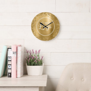 Reloj Redondo Grande Logotipo circular dorado con brillo y papel de alu