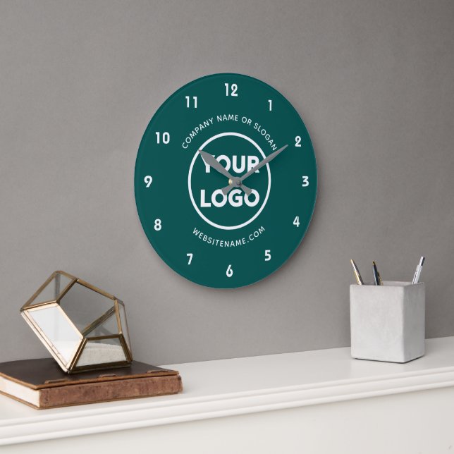 Reloj Redondo Grande Logotipo comercial personalizado y fondo Verde azu (Oficina)