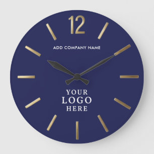 Reloj Redondo Grande Logotipo corporativo azul marino y dorado para neg