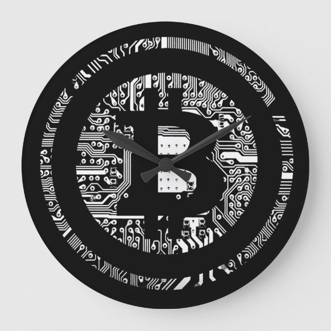 Reloj Redondo Grande Logotipo de bitcoin del circuito negro de moda (Anverso)