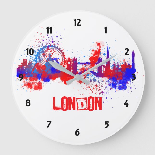 Reloj Redondo Grande London Skyline Red White Blue Artistic Paint Splat (Anverso)