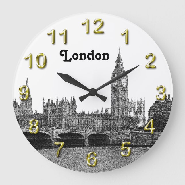 Reloj Redondo Grande Londres Inglaterra Reino Unido Skyline Etched (Anverso)