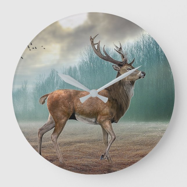 Reloj Redondo Grande Lone Deer In Misty Forest (Anverso)