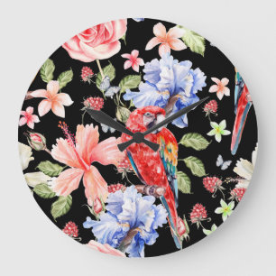 Reloj Redondo Grande Loro acuarela: Romance de patrón floral.