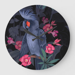 Reloj Redondo Grande Loro negro floral exótico: naturaleza tropical
