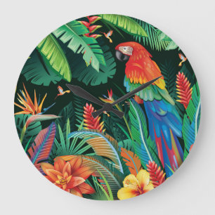 Reloj Redondo Grande Loro tropical: fondo floral exótico.