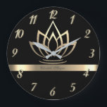 Reloj Redondo Grande Loto de oro elegante, negro de yoga<br><div class="desc">Flor de loto de oro.</div>