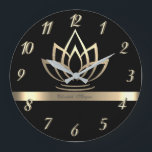 Reloj Redondo Grande Loto de oro elegante, negro de yoga<br><div class="desc">Flor de loto de oro.</div>