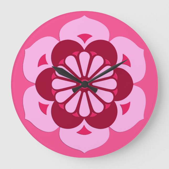 Reloj Redondo Grande Lotus Flower Mandala, rosa Fuchsia y Borgoña (Anverso)