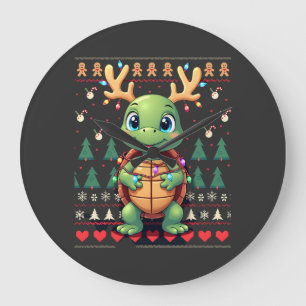 Reloj Redondo Grande Luces de estilo de suéter feo de Navidad Tortuga N