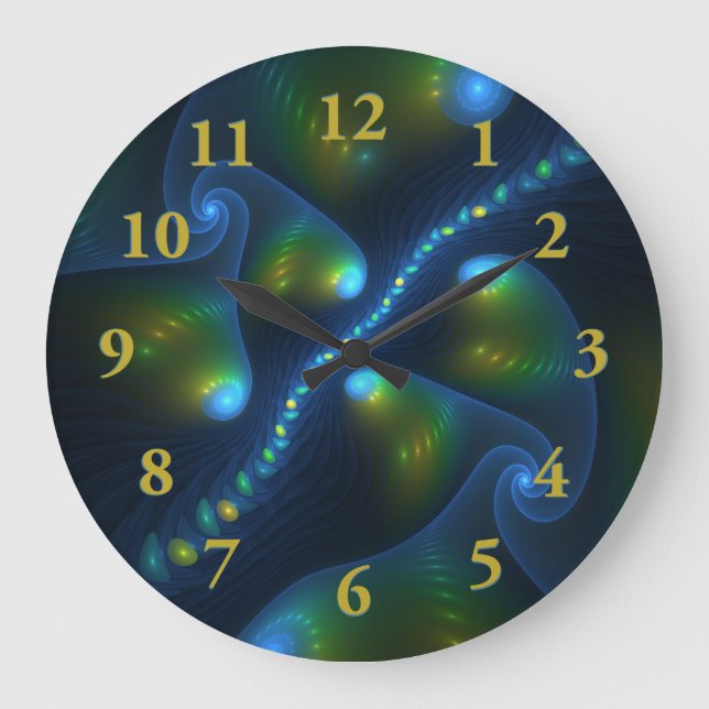 Reloj Redondo Grande Luces de fantasía Resumen Fractal amarillo verde a (Anverso)